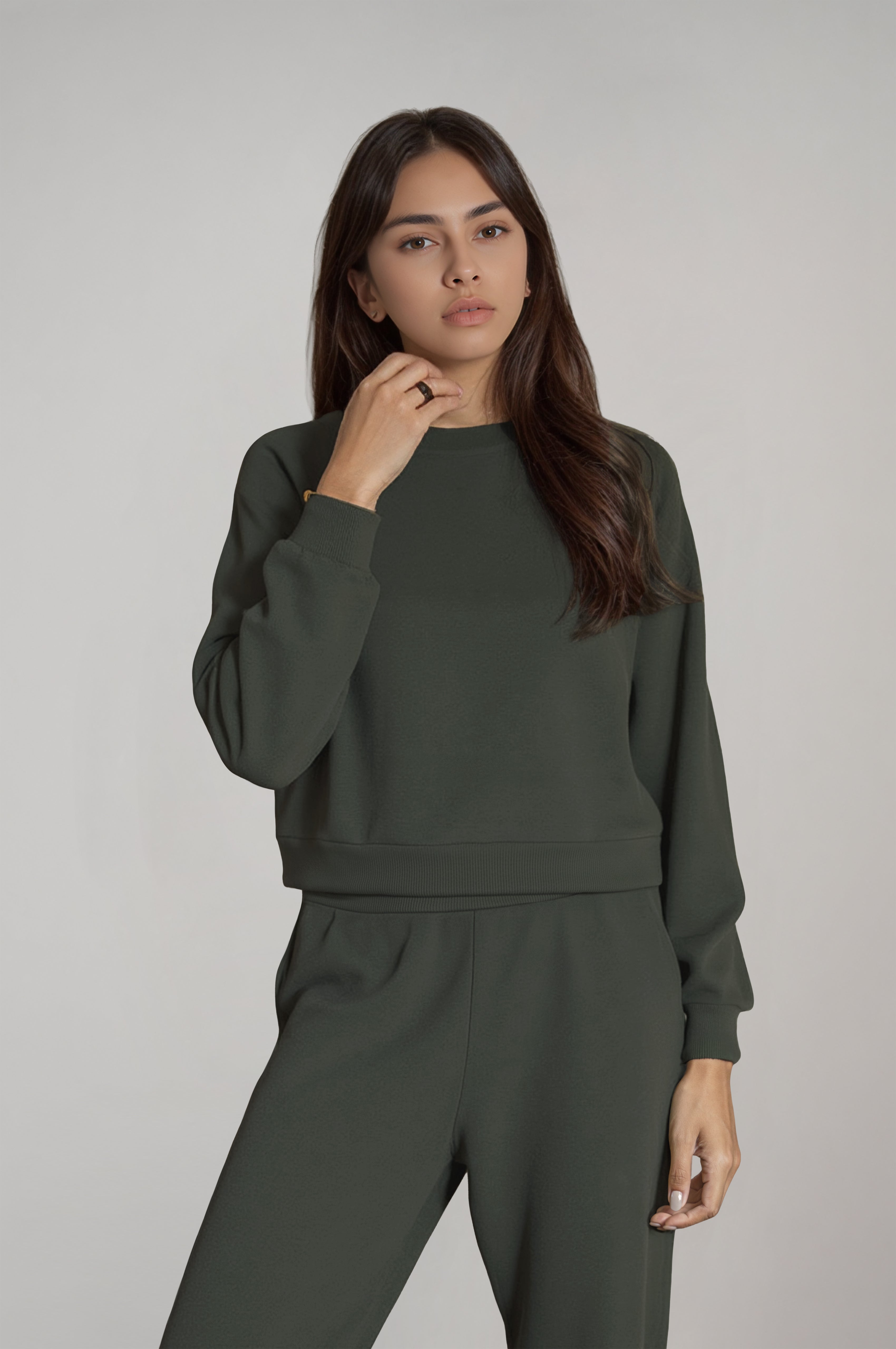 Kadın Haki Renk Sweatshirt Eşofman Takım