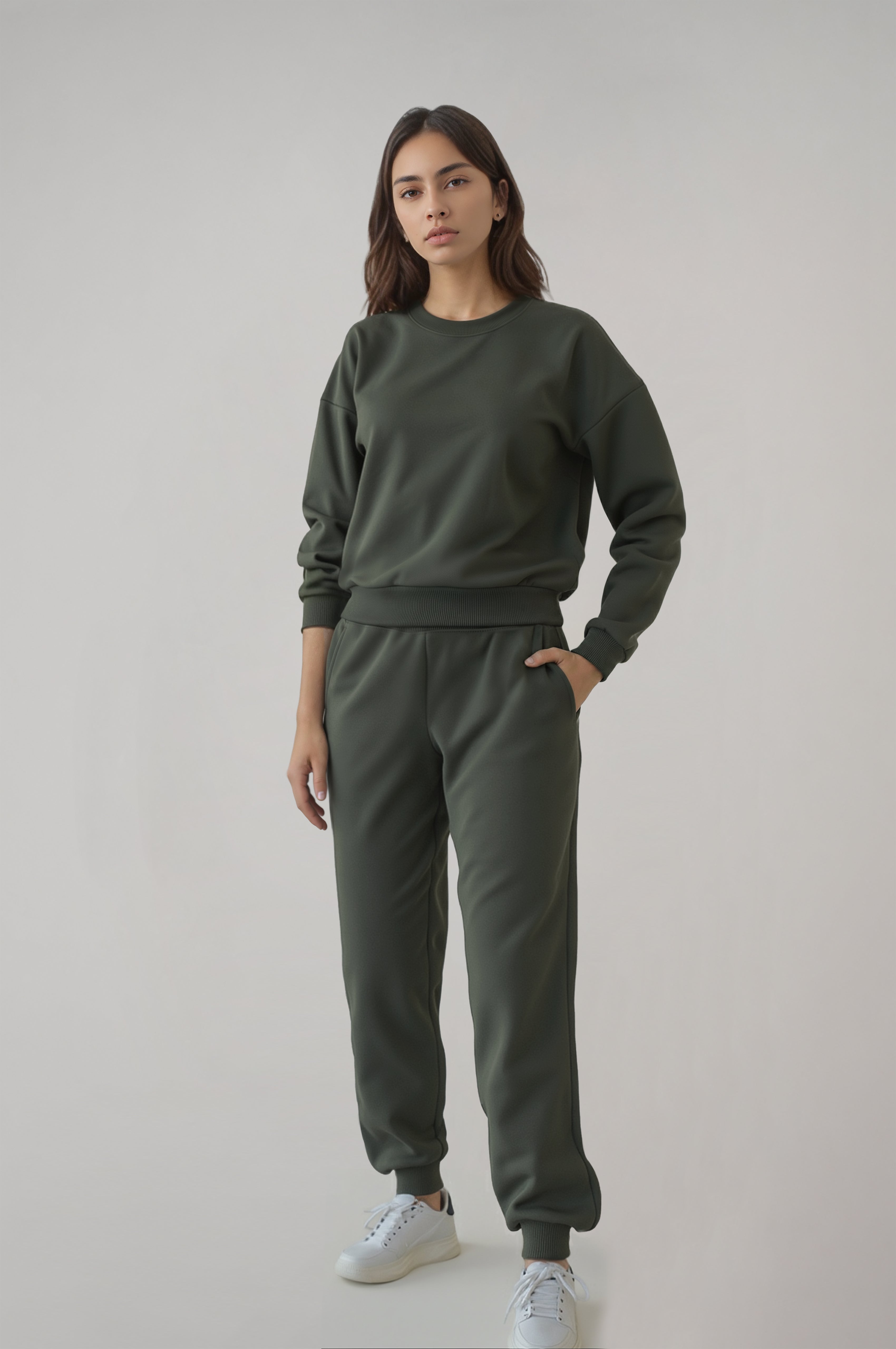 Kadın Haki Renk Sweatshirt Eşofman Takım