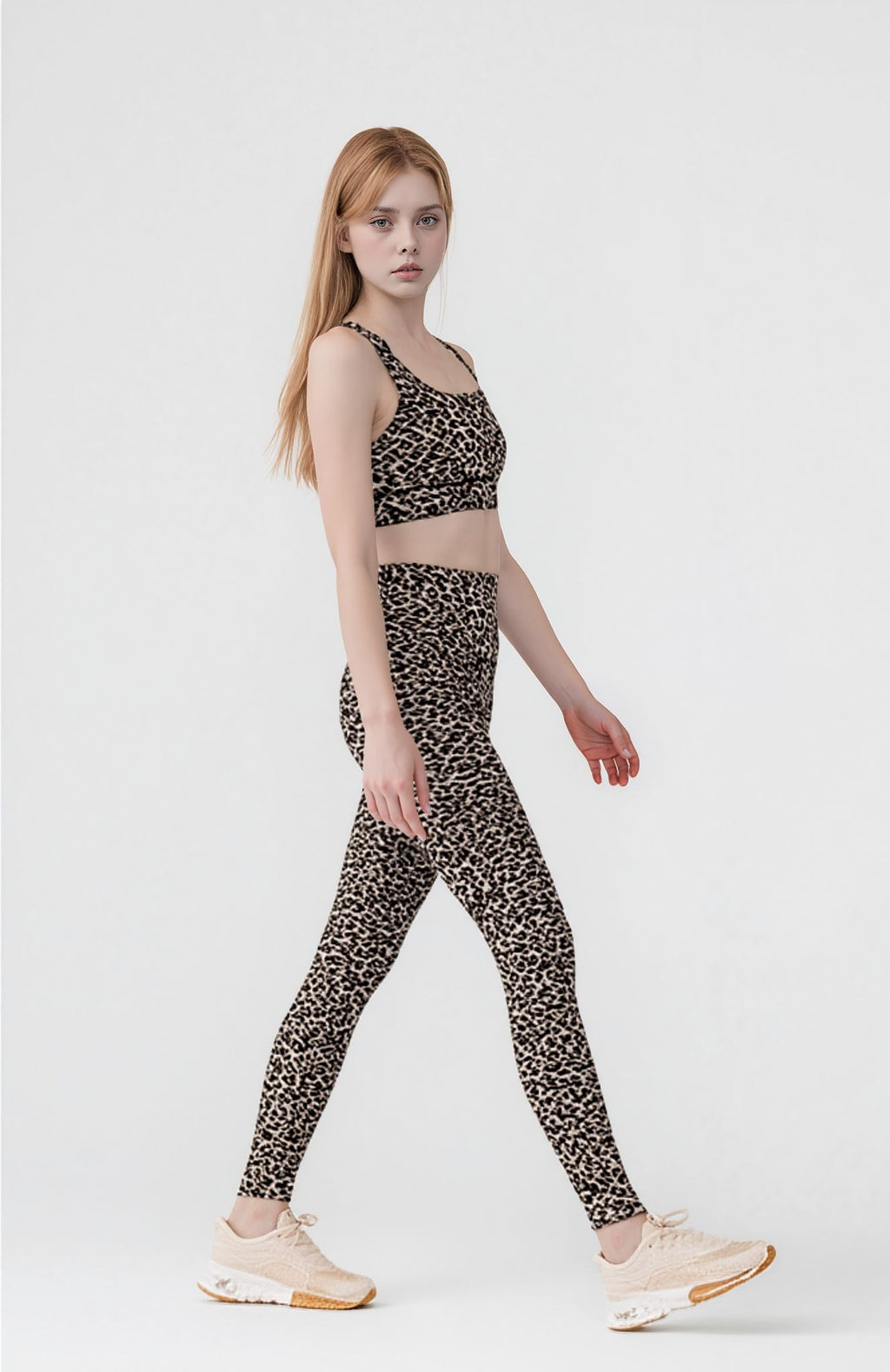 Kadın Leopar Desenli Tayt & Bra Takım