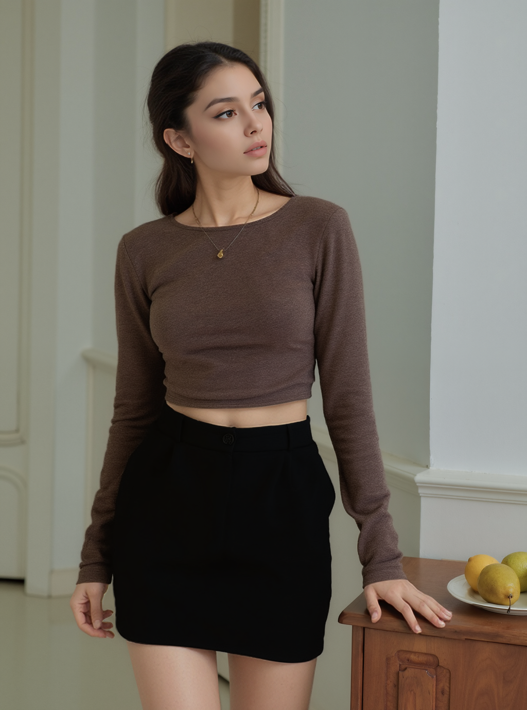 Kadın Kahverengi Sırt Detaylı Yumoş Crop Bluz