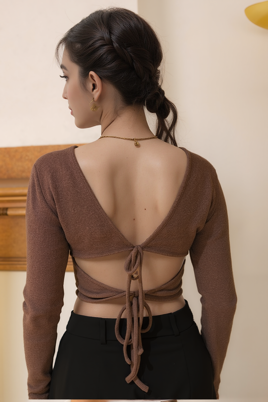 Kadın Kahverengi Sırt Detaylı Yumoş Crop Bluz