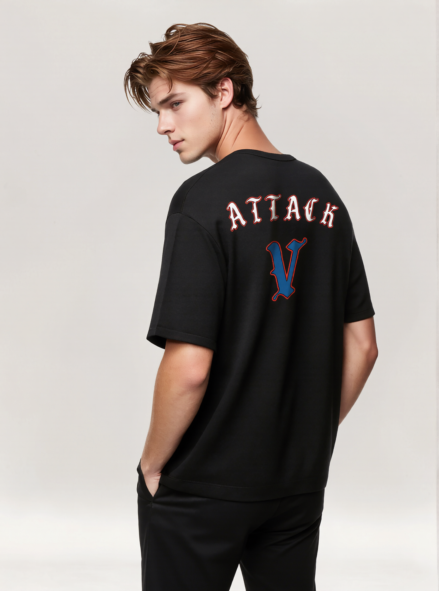 Men's Black Fencing Back Print Oversize T-shirt 