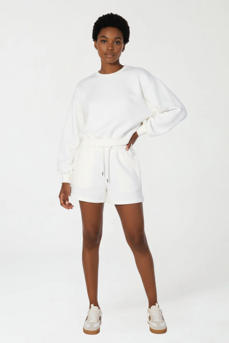 Kadın Ekru Renkli Sweatshirt Şort Takım