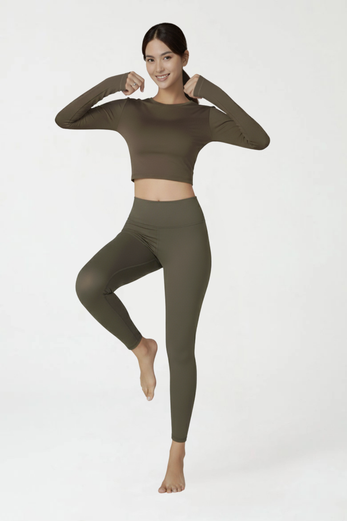 Kadın Kahverengi Uzun Kollu Crop Bluz