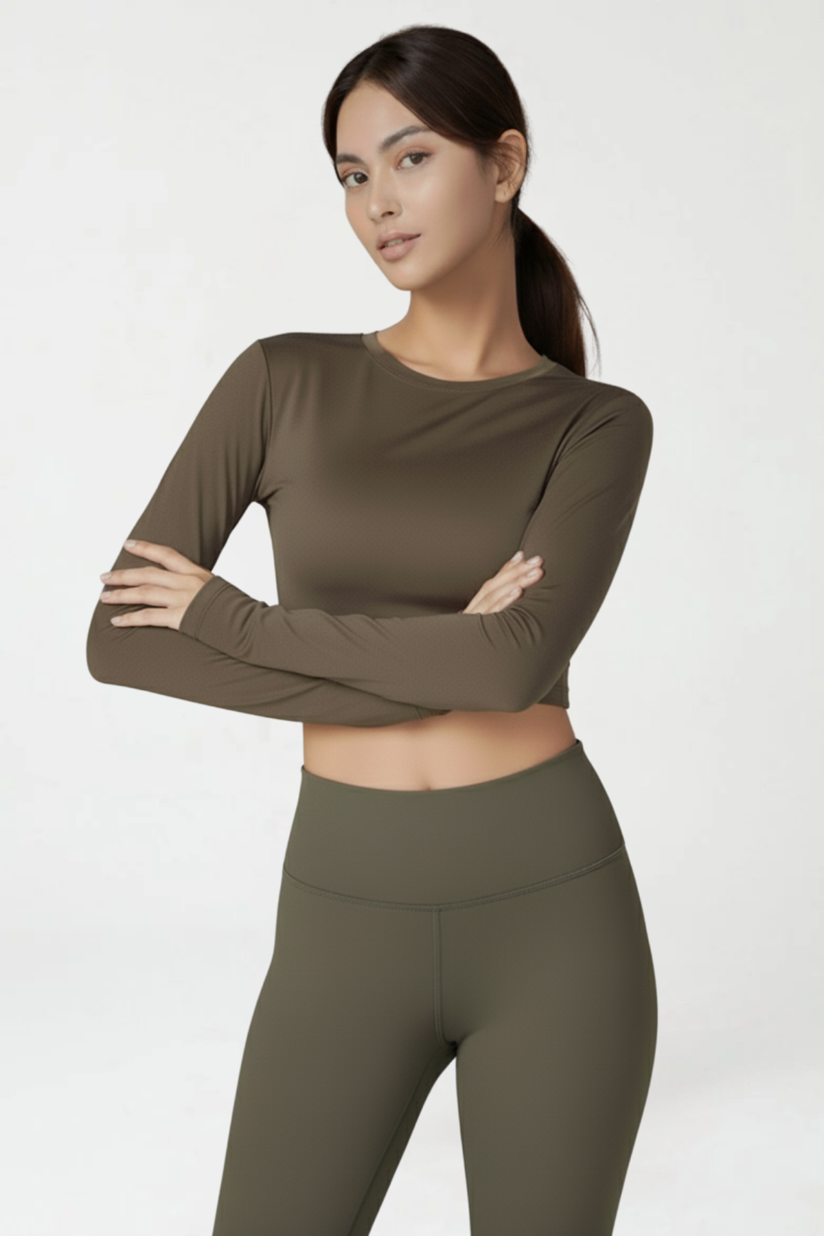 Kadın Kahverengi Uzun Kollu Crop Bluz