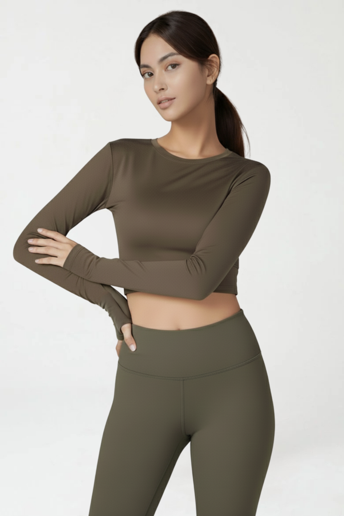 Kadın Kahverengi Uzun Kollu Crop Bluz