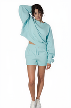 Kadın Mavi Renkli Sweatshirt Şort Takım