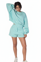 Kadın Mavi Renkli Sweatshirt Şort Takım