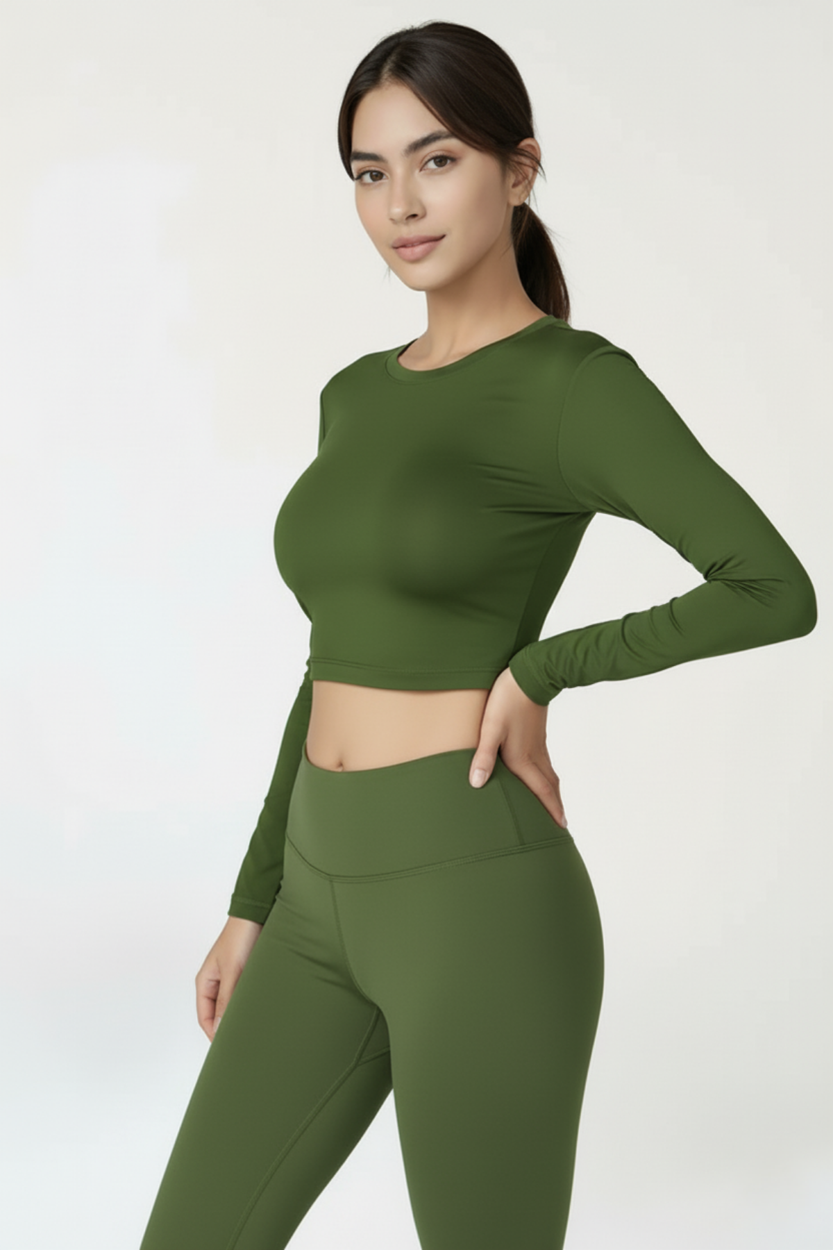 Kadın Haki Renkli Uzun Kollu Crop Bluz