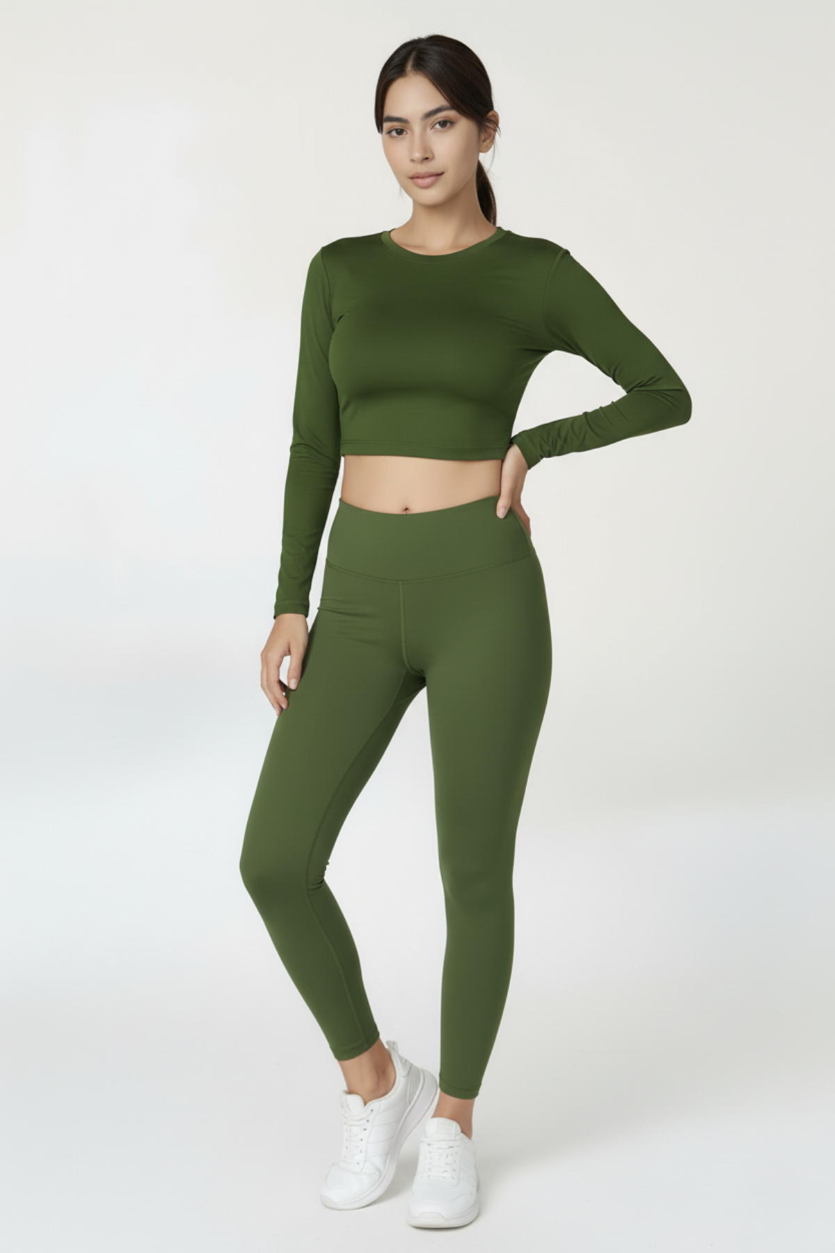 Kadın Haki Renkli Uzun Kollu Crop Bluz