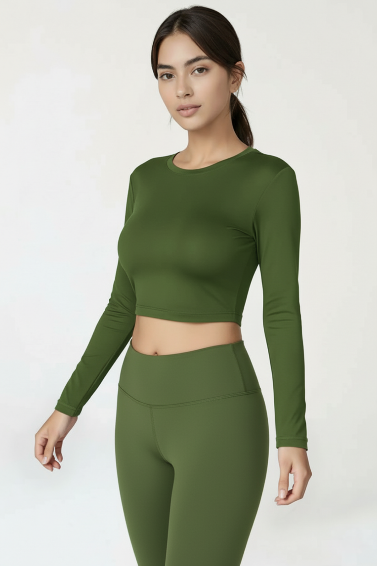 Kadın Haki Renkli Uzun Kollu Crop Bluz